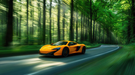 A vibrant orange sports car speeding through a forest road, motion blur blending with green sceneryの素材