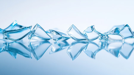 A creative macro shot of jagged glass edges lying on a smooth, reflective surface.の素材