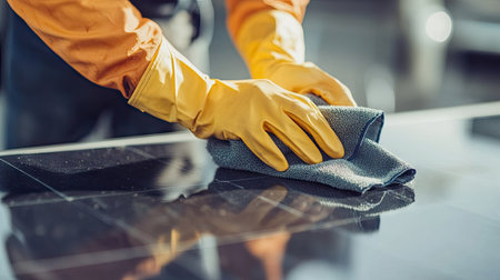 A worker wiping a solar panel with a microfiber cloth to remove smudges and dirtの素材