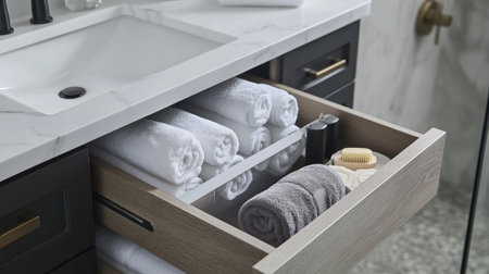 Open drawer in a modern bathroom vanity, revealing a mix of rolled towels and bath accessoriesの素材