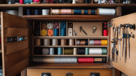 Drawer in a crafts cabinet pulled open, displaying neatly arranged threads, scissors, and crafting toolsの素材