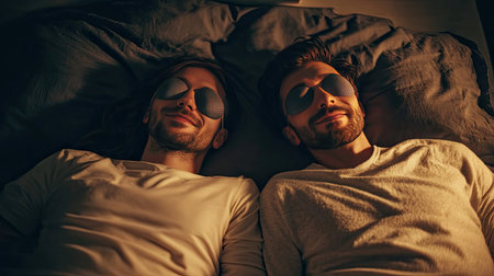 Couple wearing matching eye masks, snuggled up in bed, with a relaxed ambianceの素材