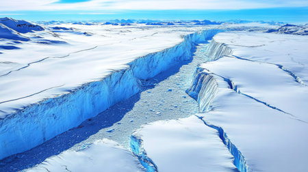 A breathtaking aerial view of massive cracked glaciers stretching across a frozen landscape.の素材