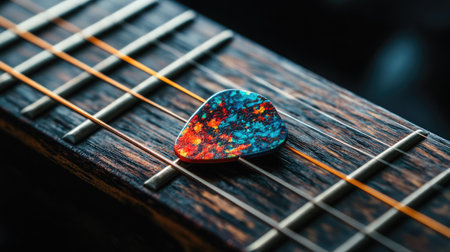 A close-up of a colorful guitar pick resting on the dark wooden fingerboard of an acoustic guitar.の素材