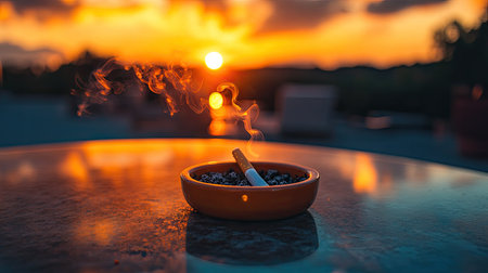 A cigarette in an outdoor ashtray on a patio during sunset, with vibrant orange light reflecting off the surfaceの素材