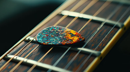 A close-up of a colorful guitar pick resting on the dark wooden fingerboard of an acoustic guitar.の素材