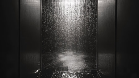 A foggy glass door with water drops forming intricate paths as they slide down.の素材