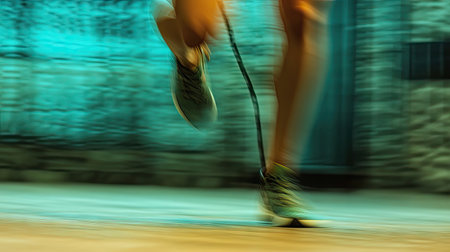 A close-up of a skipping rope in motion, with blurred legs in the background during an intense workout sessionの素材