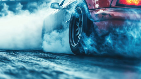 A close-up of a drift car's exhaust and rear tires, smoke billowing as it roars down the trackの素材