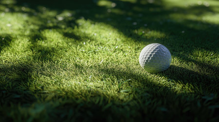 A close-up of a golf ball alongside the hole, grass perfectly trimmed, with flag shadows nearbyの素材