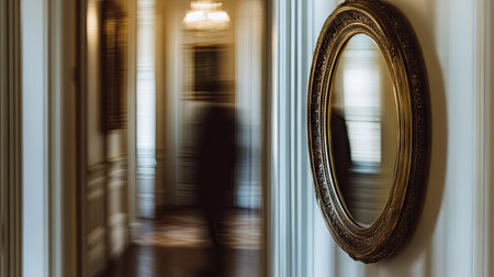 A decorative mirror with a gold frame hanging in a hallway, capturing the blurred image of a passing figureの素材