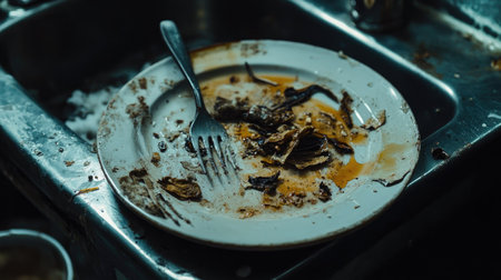 A close-up of a dirty plate with dried food and utensils placed in a sink under dim lightingの素材