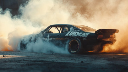 A drift car with custom decals skidding sideways, its rear wheels spinning wildly with smokeの素材