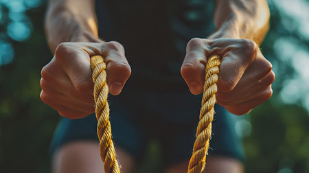 A close-up of hands gripping the handles of a skipping rope, with blurred motion of the rope in actionの素材