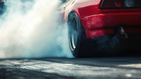 A close-up of a drift car's exhaust and rear tires, smoke billowing as it roars down the trackの素材