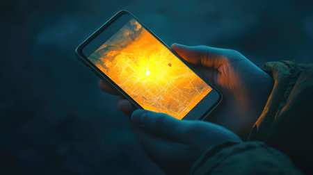 A hand holding a smartphone with a glowing map app open, searching for directions.の素材