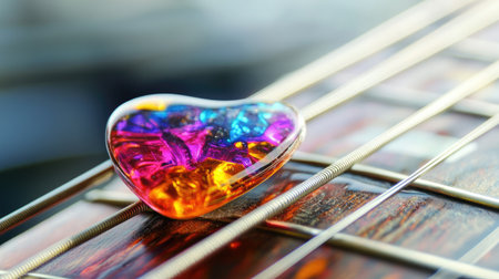 A colorful guitar pick positioned near the bridge on the fingerboard of a bass guitar.の素材
