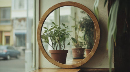 A circular mirror framed with natural wood, reflecting a potted plant on a windowsillの素材