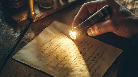 A flashlight in a hand casting a warm light over a handwritten letter on a wooden table.の素材