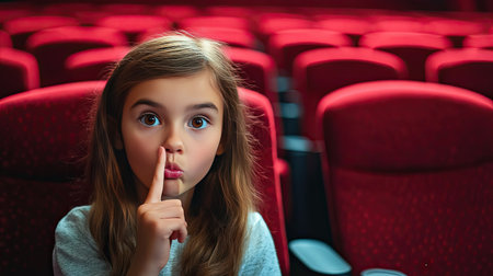A girl at a movie theater gesturing for silence, with an empty row of seats in the backgroundの素材
