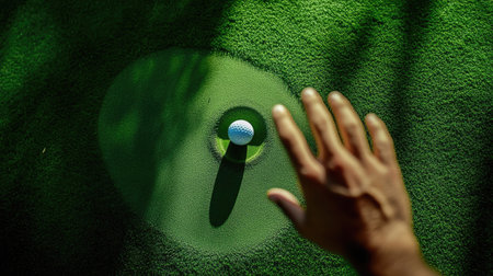 A golfer's hand reaching for a golf ball beside the hole on a well-maintained greenの素材