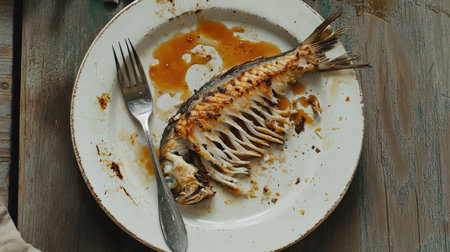 A dirty dish with fishbones, sauce smears, and a fork lying diagonally across the plateの素材