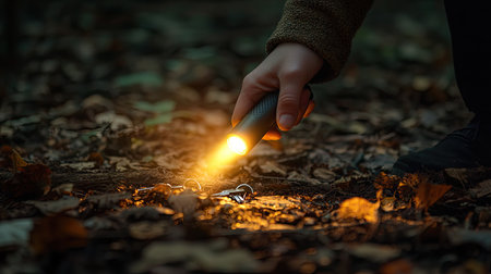 A hand holding a flashlight, its beam revealing a set of keys on a forest floor.の素材