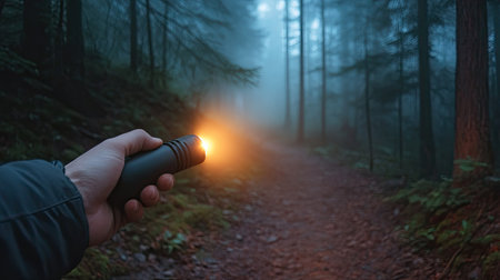 A flashlight in a hand lighting up a forest trail during a foggy evening hike.の素材