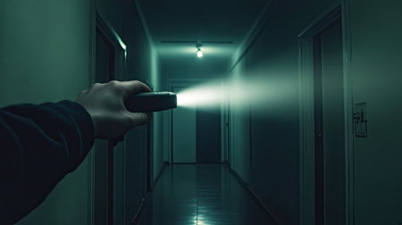 A hand aiming a flashlight beam at a closed door in a dark, suspenseful hallway.の素材