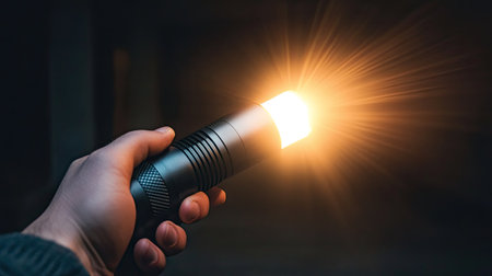 A hand gripping a flashlight shining a bright cone of light in a dimly lit basement.の素材