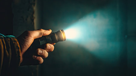 A hand gripping a flashlight shining a bright cone of light in a dimly lit basement.の素材