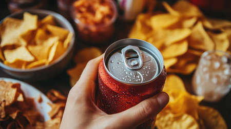 A hand gripping a soda can with condensation, placed on a table surrounded by chips and snacks.の素材