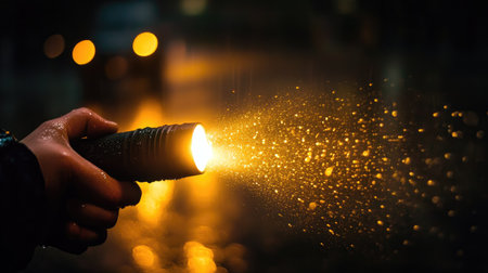 A hand gripping a flashlight, its beam cutting through the rain on a darkened street.の素材