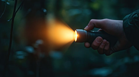 A close-up of a hand holding a flashlight, its beam cutting through darkness in a forest setting.の素材