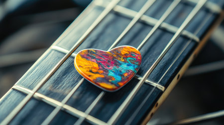 A colorful guitar pick positioned near the bridge on the fingerboard of a bass guitar.の素材