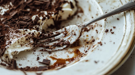 A close-up of a dirty dish with dessert remnants, smeared chocolate, and a fork resting on the edgeの素材