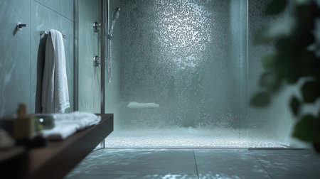 A fogged-up glass shower door with visible water drops, adding a dreamy effect.の素材