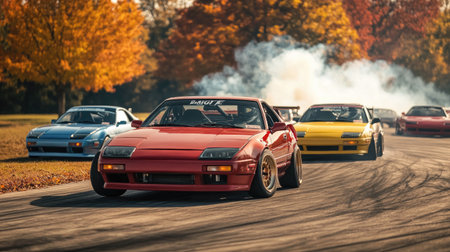 A group of drift cars on a practice track, one prominently in focus with smoking tiresの素材