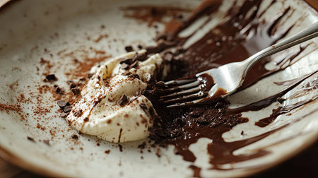 A close-up of a dirty dish with dessert remnants, smeared chocolate, and a fork resting on the edgeの素材