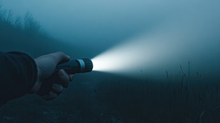 A hand holding a flashlight casting a wide beam across a foggy night landscape.の素材