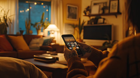 A hand gripping a smartphone while swiping through a photo gallery in a cozy living room.の素材