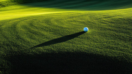 A golf ball resting inches from the hole, casting a subtle shadow on the smooth, vibrant turfの素材