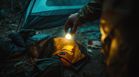 A flashlight beam held by a hand searching through a pile of camping gear in a dim tent.の素材
