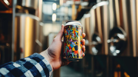 A hand holding a can of craft beer with a modern, colorful label in a brewery setting.の素材