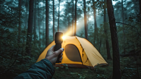 A flashlight beam held by a hand lighting up a camping tent surrounded by trees.の素材