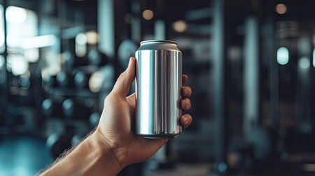 A hand holding a tall aluminum can of energy drink in a gym setting, with weights in the background.の素材