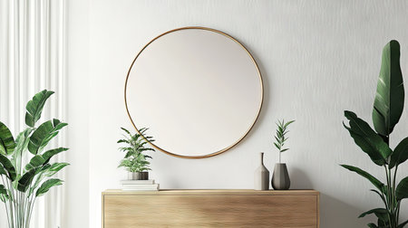A decorative round mirror hung on a plain wall, reflecting the clean lines of modern furnitureの素材