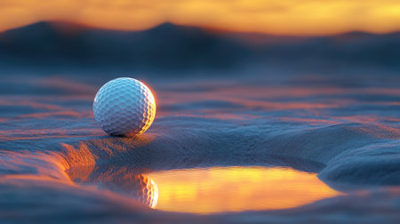 A golf ball teetering on the edge of the hole, reflecting golden hues of sunset lightの素材
