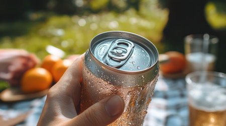 A hand lifting an open soda can with bubbles visible at the rim, placed against a picnic setting.の素材