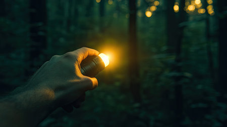 A close-up of a hand holding a flashlight, its beam cutting through darkness in a forest setting.の素材